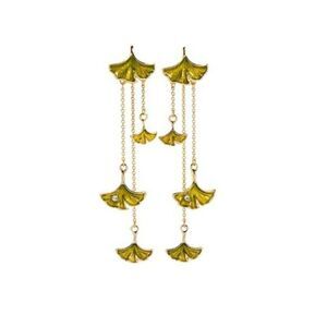 Green Ginkgo Leaf Enamel Glaze Crystal Gold Statement Dangle Earrings